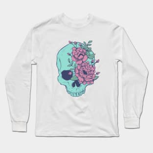 Blue Floral Skull Long Sleeve T-Shirt